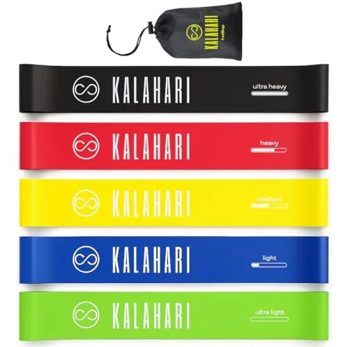 Kalahari Fitnessbänder 5er Set mit e-Book Übungen auf Deutsch und Tragebeutel – Fitnessband, Gummiband, Gymnastikband, Widerstandsbänder Fitness Loop Band für Muskelaufbau, Yoga, Pilates, Stretching