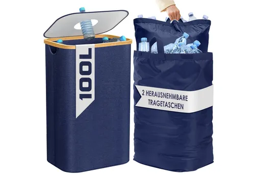 Pfandflaschen Sammelbehälter mit 2 XXL Tragetaschen - Aufbewahrungsbehälter mit Deckel, großzügiges Volumen und durchdachtes Design mit Verschlussloch für einfaches Entsorgen von Flaschen.
