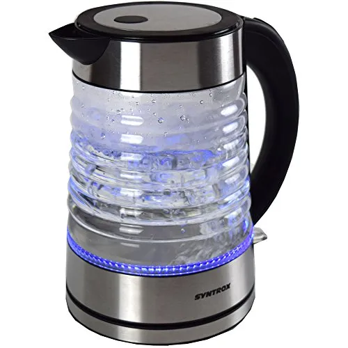 Syntrox Germany WK-2000W-1.7G Agua 2000 Watt 1,7 Liter Edelstahl schnurlos Glas Wasserkocher mit blauem LED Licht 360° cordess Wasserkessel Teekessel