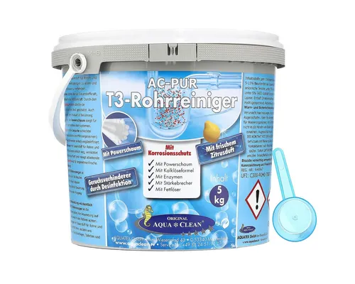 AQUA CLEAN AC-PUR T3 Rohrreiniger mit Korrosionsschutz 5kg - Rohrreiniger mit Korrosionsschutz, löst Verstopfungen und verhindert unangenehme Gerüche durch Desinfektion. Mit Powerschaum für längere Einwirkzeit und frischem Zitrusduft.