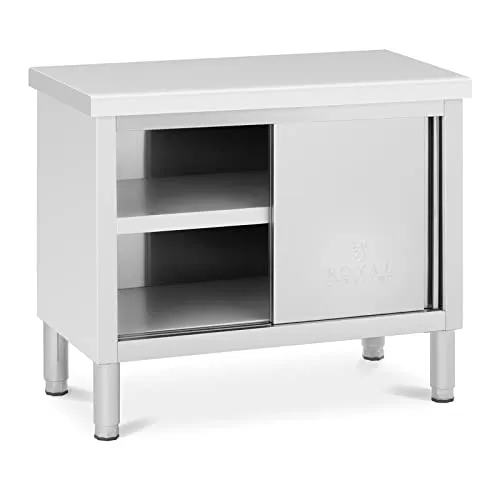 Royal Catering Arbeitstisch 100 x 50 cm - Edelstahltisch mit 3 Ebenen und Schiebetüren, belastbar bis 285 kg – ideal für Gastronomie und professionelle Küchen.