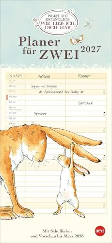 Weißt du eigentlich, wie lieb ich dich hab? Planer für zwei 2027: Liebevoll illustrierter Wand-Kalender mit 2 Spalten. Paarkalender 2027. Wand-Terminkalender. 16 x 35 cm.