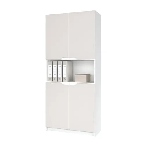 Vladon Büroschrank Logan V2, Weiß matt/Cashmere, 5 Fächer mit Soft-Close - Der moderne Büroschrank bietet mit 4 Türen und höhenverstellbaren Fächern vielseitigen Stauraum für Ihr Büro. Mit Soft-Close-Scharnieren für geräuschloses Öffnen und eleganten Griffmulden sorgt er für ein stilvolles Ambiente.