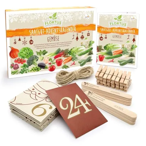 FLORTUS Saatgut Adventskalender Gemüse 2024 - Gemüsesamen Adventskalender mit 24 Sorten und Zubehör für Hobbygärtner, ideal für nachhaltige Selbstversorgung und gesundes Gärtnern.