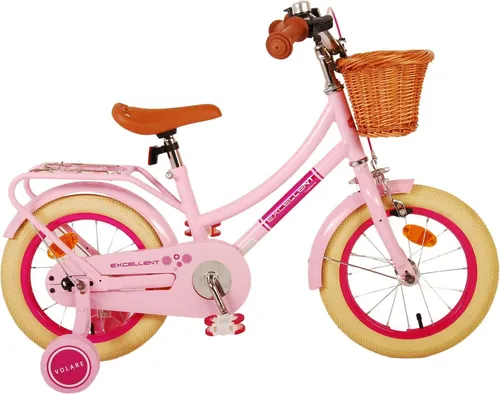 Volare Excellent 14 Zoll Kinderfahrrad für Mädchen in Rosa - Sicheres 14-Zoll-Kinderfahrrad mit Hand- und Rücktrittbremse, abnehmbaren Seitenrädern und geschlossenem Kettenschutz – perfekt für kleine Fahrradabenteurer!