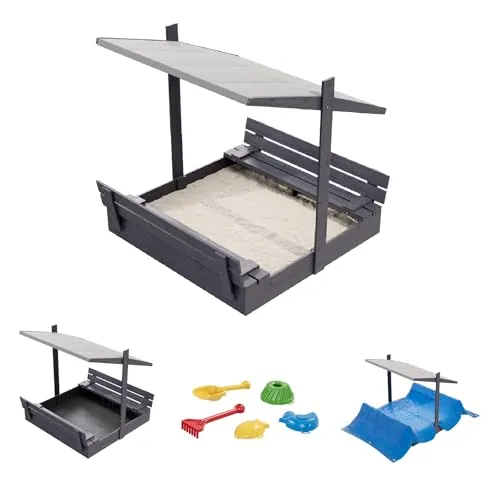 QLS Sandkasten aus Holz 120x120 cm mit Dach und Sitzbank - Robuster Sandkasten aus imprägniertem Holz mit neigungsverstellbarem Dach für optimalen Wetterschutz; ideal für den Garten und bietet sicheren Spielspaß für Kinder.