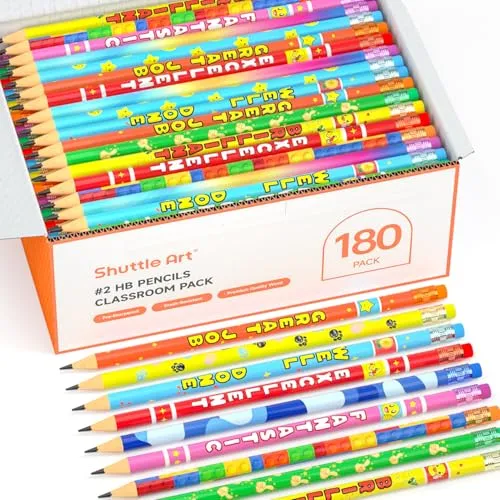 Shuttle Art HB Bleistifte mit Radiergummi, 180 Stück vorgespitzte Bleistifte mit 12 bunten Designs, Graphitstifte in Großverpackung, Jumbo Bleistift Kinder zum Schreiben, Zeichnen und Skizzieren