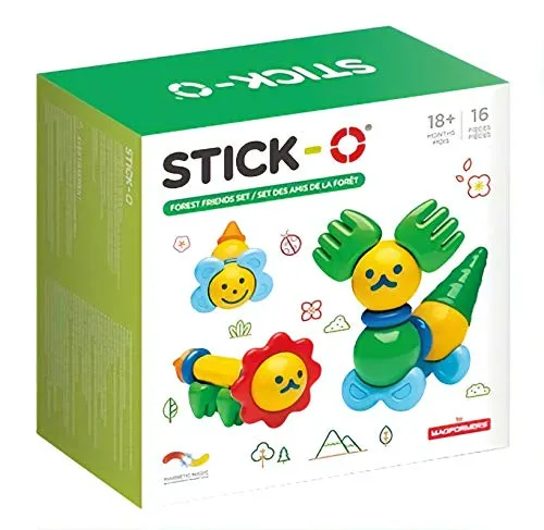 Stick-O magnetische Bausteine für Kinder ab 1 Jahre, kreatives Konstruktionsspielzeug, Lernspielzeug mit Magnet, Waldfreunde Set für Mädchen und Jungen, Montessori Spielzeug, 16 Teile Set,