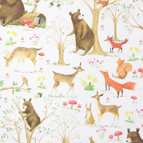Geschenkpapier für Geburtstag mit Tier Motiv 70cm x 2m Rolle (Weiß/Bunt mit Waldtiere Motiv)