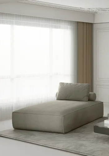Chaiselongue Sezlong Liege CELES in Stoff Scala Beige - Moderne Chaiselongue für das Wohnzimmer, mit bequemer Wellenfederung und inkludiertem Rückenkissen für höchsten Sitzkomfort.