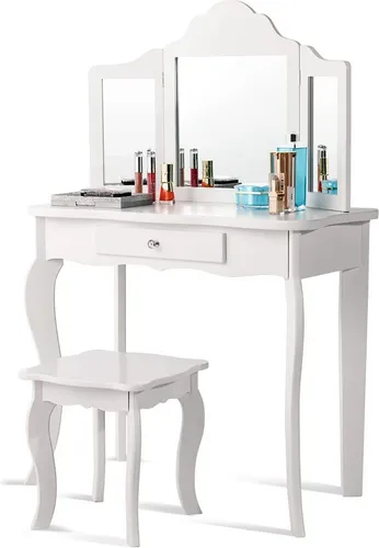 GOPLUS Kinder Schminktisch mit Hocker – Weiß, 2-teilig mit Abnehmbarem Spiegel - Robuster Kinder Schminktisch aus Holz mit abnehmbarem Spiegel und großer Schublade. Ideal als Schreibtisch nutzbar, sorgt für Ordnung im Kinderzimmer. Perfektes Geschenk für kleine Mädchen!