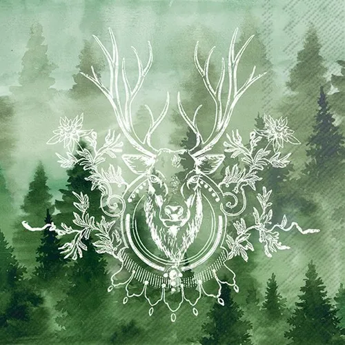 Servietten Foggy Forest Hirsch Tiere Wild Nebel Wald Tannenbäume Deko 33x33cm 20