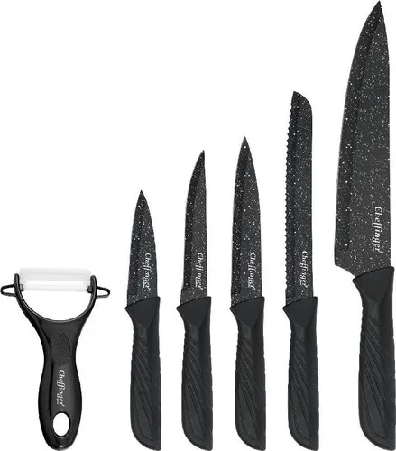 6-teiliges Messer-Set mit Schäler in Schwarz