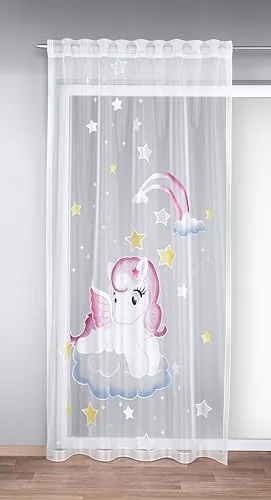 KAMACA Gardine mit verdeckten Schlaufen und Gardinenband Kinderzimmer Voile Weiss transparent Fertiggardine mit wundervollem Motiv Kindergardine HxB 245 x 140 cm (Pony)