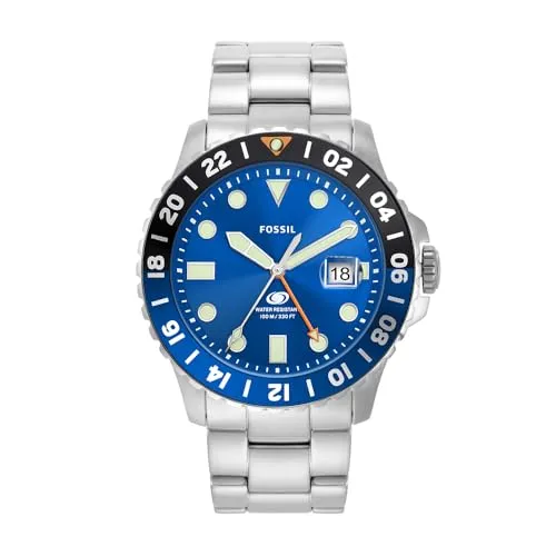 Fossil Blue Herren Uhr, 46MM GMT mit Edelstahl- oder Lederarmband - Armbanduhren für Herren mit 46-mm-Gehäuse, blauem Zifferblatt und wasserdicht bis 100 m – ideal für Schwimmen und Tauchen.