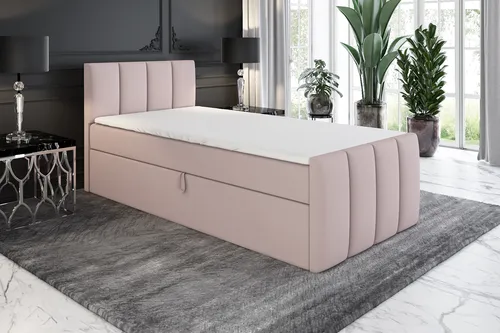 Boxspringbett FUNI 80x200 (Rechts) mit Bettkästen und Bonell-Matratze - Rosa - Stylisches Jugendbett mit praktischen Bettkästen für zusätzlichen Stauraum. Hochwertige Verarbeitung und bequemer Topper sorgen für höchsten Schlafkomfort. Ideal für Schlafzimmer oder Hotelzimmer.