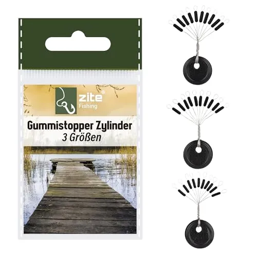 Zite Fishing Gummistopper Set Angeln | Schnurstopper 3 Größen S, M, L | Zylinder-Form oder Ovale Rubber-Stopper | Posenstopper mit Aufziehhilfe als Vorfach-Zubehör (Zylinder)