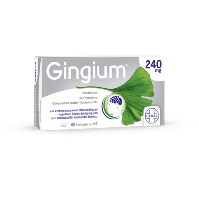 Gingium 240 mg Filmtabletten - Pflanzliches Arzneimittel zur Verbesserung der Gedächtnisleistung und Konzentration bei altersbedingter kognitiver Beeinträchtigung. Stärkt die Nervenzellen und fördert die Durchblutung des Gehirns.