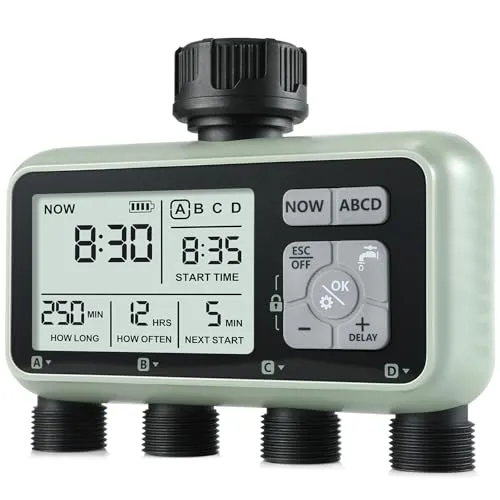 CROSOFMI Bewässerungscomputer mit 4 Ausgängen - Zeitschaltuhr für automatische Gartenbewässerung, mit Regenverzögerungsfunktion und 4 unabhängigen Ventilen für flexiblen Bewässerungsplan.