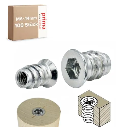 Einschraubmutter M6 x 14 mm – Einschraubmuffen/Eindrehmuffen aus verzinktem Stahl – Innengewinde für Holzbau & Möbelbau (100 Stück)