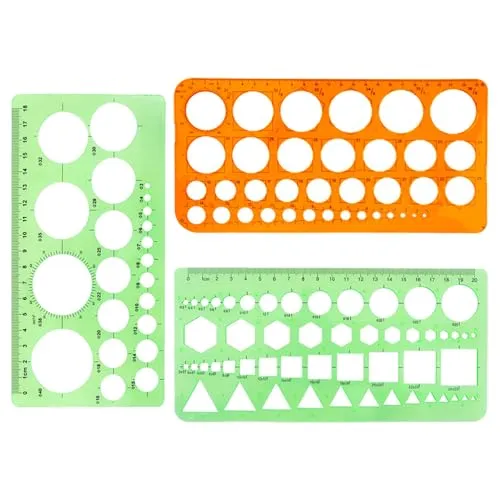 TRKETK 3 Stück Zeichenschablone, Messschablonen aus Kunststoff Lineal Quiltwerkzeug Multifunktionales Rundes Geometrisches Schablonenlineal Zeichenset für Büro Schule Gebäude (Grün+Orange)
