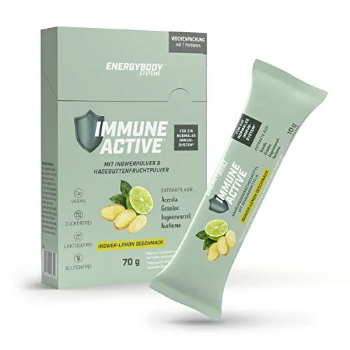 Energybody® Immune Active Vitamin Drink mit Superfoods / 7 Sticks á 10g mit Ingwer-Zitronen Geschmack/Nahrungsergänzung zur Unterstützung des Immunsystems mit wichtigen Vitaminen & Mineralstoffen