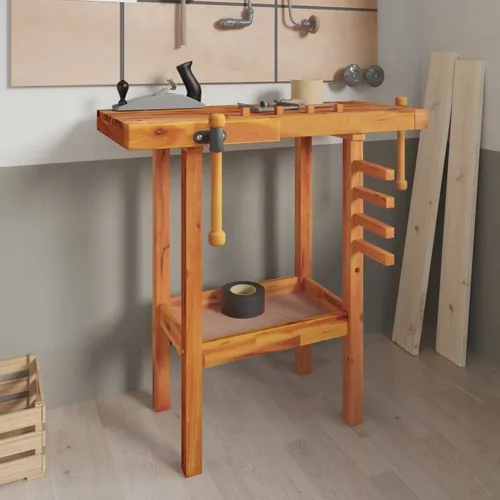 The Living Store Werkbank mit Schraubstöcken aus Akazienholz 92x48x83 cm