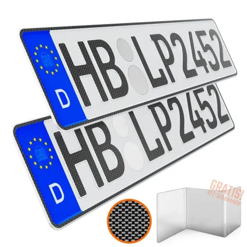 KFZ Kennzeichen 2 Stück in Carbon Optik 52cm x 11cm - 2 Stück Wunschkennzeichen in edler Carbon Optik für PKW, LKW und Fahrradträger. Offiziell anerkannt und geprüft durch DIN CERTCO. Inklusive gratis KFZ-Scheinhülle im Wert von 2,99€.