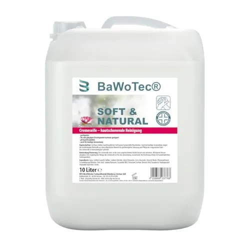 BaWoTec Cremeseife Soft & Natural 10 Liter, hautschonende milde Handseife, Nachfüllseife für alle gängigen Druckspender, ph-Hautfreundlich