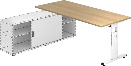Hammerbacher Anbauschreibtisch T-Fuß 180x80cm Eiche/Weiß - Kinderschreibtisch OSE19 mit 180 x 80 cm; edle Eichenplatte, höhenverstellbar und mit praktischer Kabelwanne für ein aufgeräumtes Arbeitsumfeld.