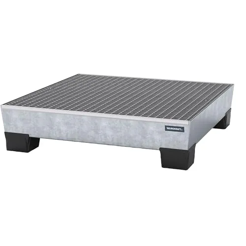 eurokraft | Stahl-Auffangwanne mit Kunststoff-Füßen | LxBxH 1240 x 1210 x 295 mm | feuerverzinkt | mit Gitterrost