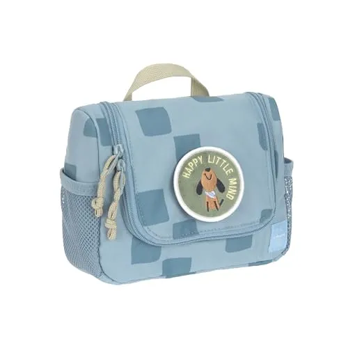 LÄSSIG Kinder Kulturtasche - Mini Washbag Pattern Party Blue - Kulturtasche für Kinder, ideal für Reisen und Übernachtungen, mit wasserabweisendem Material, Haken zum Aufhängen und abnehmbarem Spiegel.