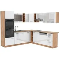 Vicco Winkelküche R-Line, Weiß Hochglanz/Goldkraft Eiche - Küchenzeilen mit eleganter Kombination aus Weiß Hochglanz und Goldkraft Eiche, ideal für moderne Küchen. Maximale Stauraumoptionen mit 7 Unterschränken und 8 Hängeschränken.