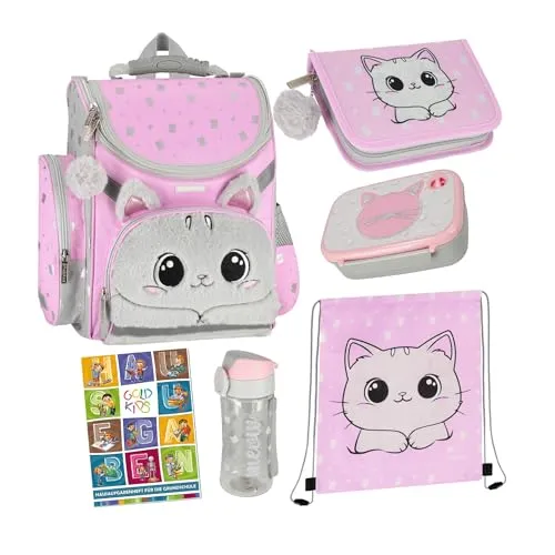 Goldkids - Schulranzen für Jungen und Mädchen, 6er-Set - Schul-Rucksack für Kinder mit Federmäppchen - Schuhbeutel Trinkflasche und Brotdose - Katze Motiv- 1-3 Klasse