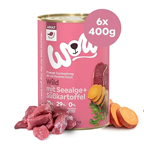 WOW Hundefutter nass Adult mit Wild, 6X 400g I reichhaltiges Nassfutter für ausgewachsene Hunde Aller Rassen I Beste Qualität mit viel Fleisch, Seealge & Süßkartoffel I hohe Verträglichkeit