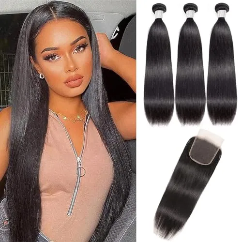 RICHAIR Straight Human Hair Bundles with Closure 10 12 14 + 8 Inches Brazilian Human Hair Bundles with Closure Straight 100% Unprocessed Virgin Weave Hair Bundles with Lace Closure