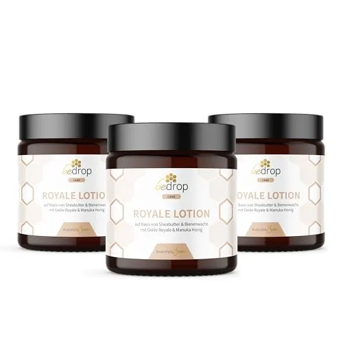 bedrop Royale Lotion - 100g feuchtigkeitsspendende Bodylotion mit Gelée Royale - Körperlotion mit Gelée Royale, Sheabutter und Manuka Honig, wirkt feuchtigkeitsspendend und reizlindernd für eine geschmeidige Hautpflege. Hergestellt in Deutschland unter höchsten Hygiene-Standards.