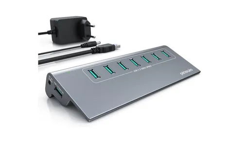 Primewire USB-Adapter 7 Port Hub mit Netzteil - USB-Adapter, 10 Gbit/s Übertragungsgeschwindigkeit, ideal für schnelle Datenübertragungen und optimale Anschlussmöglichkeiten.