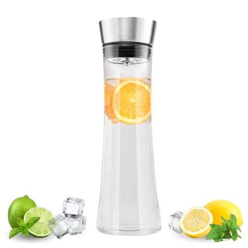 bremermann Glaskaraffe RUNA, 1 Liter, mit mattem Edelstahldeckel, Ausgießer mit integriertem Sieb und automatischem Verschluss