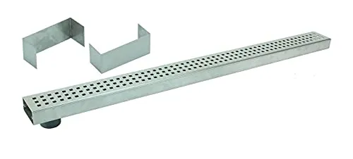 Entwässerungsrinne Edelstahl 1 Meter superflach mit Ablaufstutzen Rost Quadratlochung SET Typ 1, System 35/80