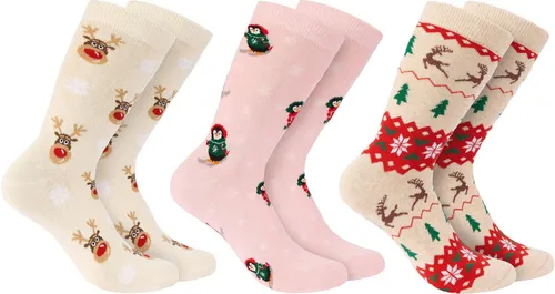 BRUBAKER Socken 3 Paar Weihnachtssocken - Lustige Socken für Damen und Herren (mit Weihnachtsmotiven - Rentiere und Pinguine - Beige und Rosa -, 3-Paar, Baumwollsocken) Beige und Rosa - Geschenk Weihnachten - EU 35-40