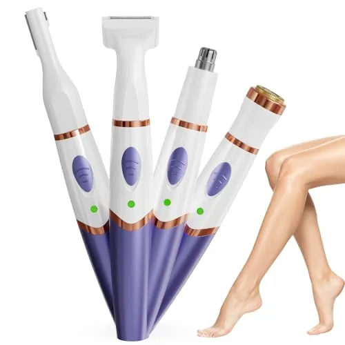 Damenrasierer Elektrisch 4-In-1, Intimrasierer für Frauen, Rasierer Damen Intimbereich, Gesichtshaarentferner Nasenhaartrimmer Frauen, Bikini Trimmer Damen für Intimbereich Achseln Beine, USB,Weiß