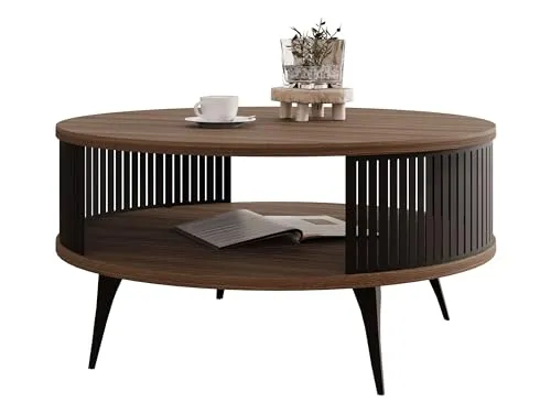 Mirjan24 Couchtisch Rajkon, Runde Form mit Ablage - Beistelltisch fürs Wohnzimmer mit eleganter Laminatplatte und stabilen Metallbeinen, ideal für stilvolle Akzente im Wohnraum.
