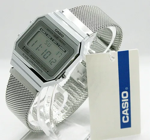 Casio A700WEM-7AEF Unisex Quartz Armbanduhr - Armbanduhren für Damen mit LED Licht, Stoppfunktion und silbernem Mesh-Armband - stilvoll und funktional für jeden Anlass.