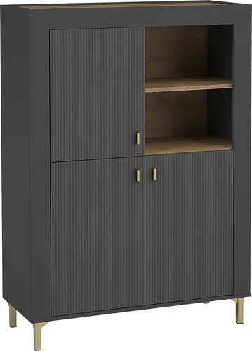 Mirjan24 Highboard Schwarz - Elegantes Highboard aus Holzwerkstoff, Maße 97x136x40 cm, ideal für Wohnzimmer, mit robusten Laminatfronten und stilvollen Kunststoffgriffen in Schwarz und Cashmere-Gold.