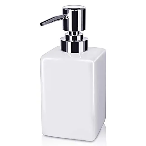 Seifenspender, 320ml Keramik Quadratischer Klassischer Seifen- und Lotionspumpenspender für Die Küche Badezimmer Waschküche Nachfüllbares Shampoo Handseifenseife Ätherisches Öl (Weiß)