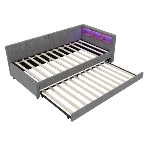 Schlafsofa mit LED-Beleuchtung und Gästebett, 90x200 cm, Polsterbett mit Lattenrost und Mehrfachsteckdose, Einzelbett, Leinen