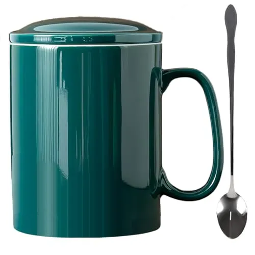 KOPYFANTAP Jumbo Keramik Becher, Extra Große Kaffeetasse 1000ML, Riesen Teetasse, Super Gross Kaffeebecher mit Deckel und Löffel mit Großem Griff für Büro und Zuhause, Grün