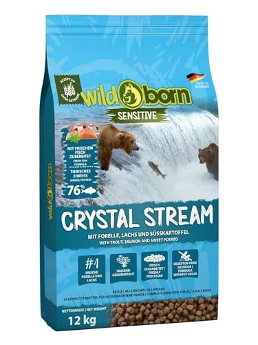 Wildborn Crystal Stream 12kg - Premium Hundefutter - Hundefutter mit 76% tierischem Protein aus Forelle & Lachs, reich an Omega-3-Fettsäuren. Ideal für eine biologisch artgerechte Ernährung ohne Getreide.
