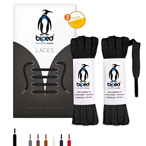biped LACES 2 Paar flache Schnürsenkel aus Baumwolle 7 mm breit - reißfeste Qualitäts- Schuhbänder für Lederschuhe, Stiefel, für Freizeit und Sportschuhe - made in EU z2904(schwarz,200 cm)